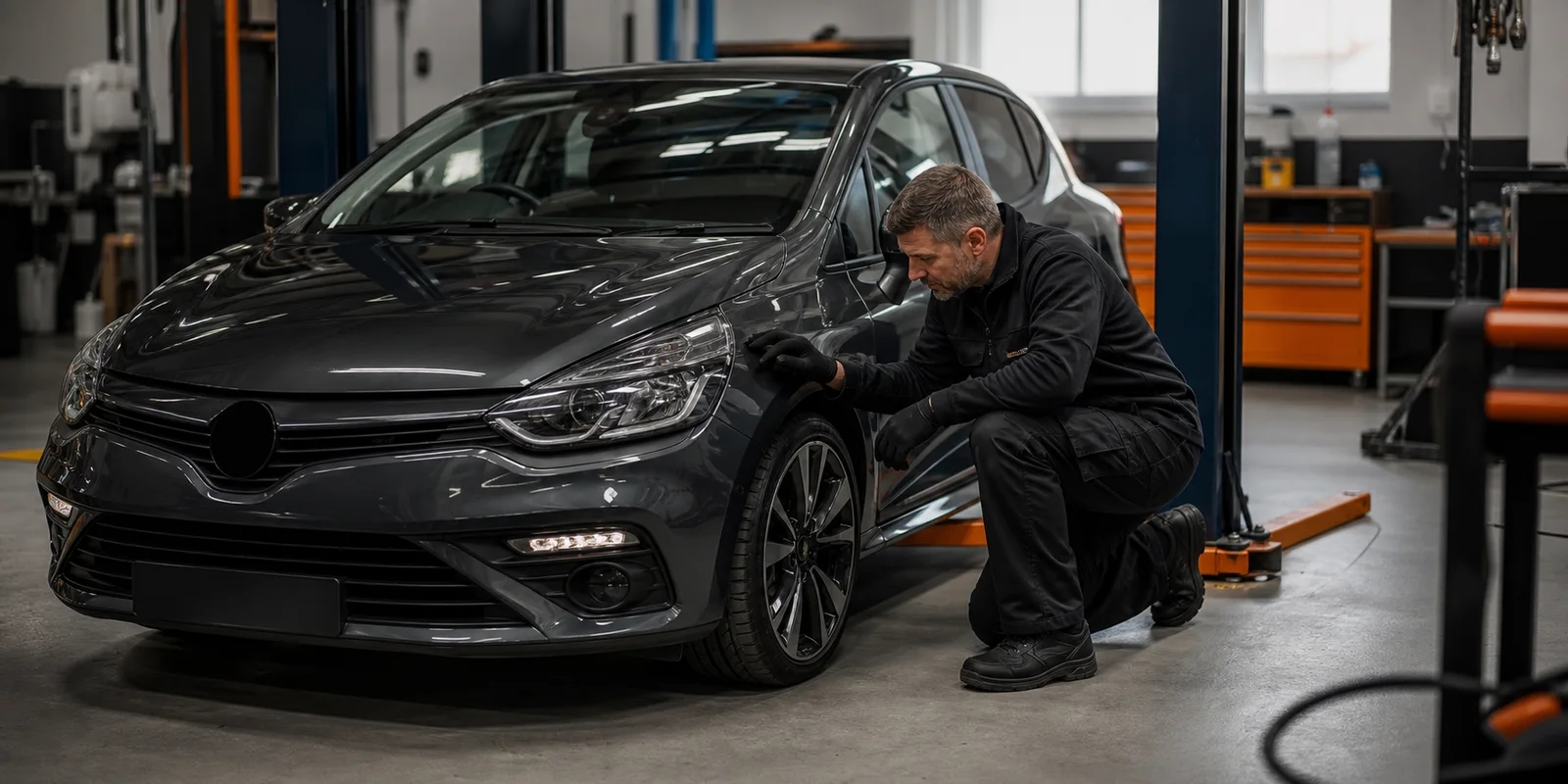 Technician inspecting a vehicle in a modern workshop